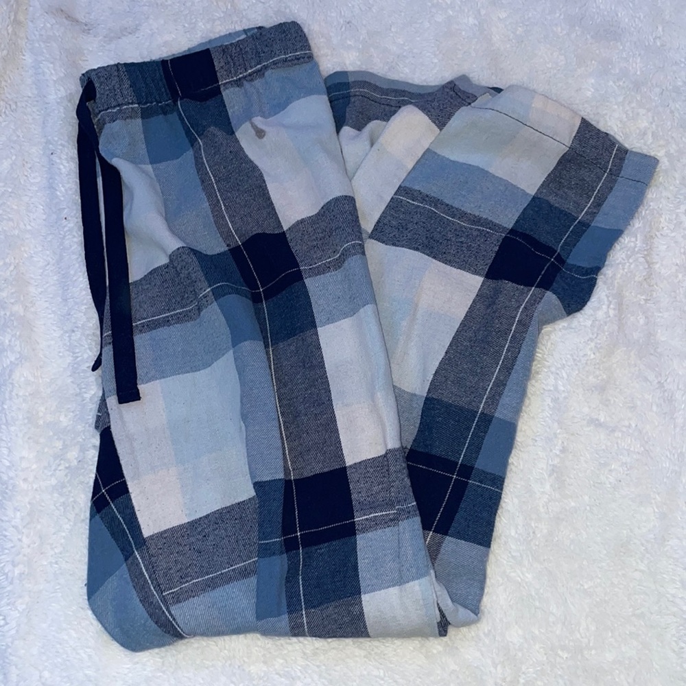 blue flannel pajama pants with drawstring
